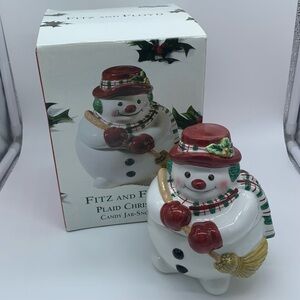 Fitz and Floyd Plaid Christmas Snowman Covered Candy Jar With Box